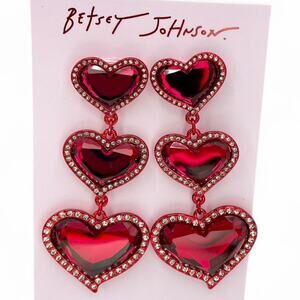Betsey Johnson Large Red Sparkle Hearts Rhinestones Dangle Stud Earrings